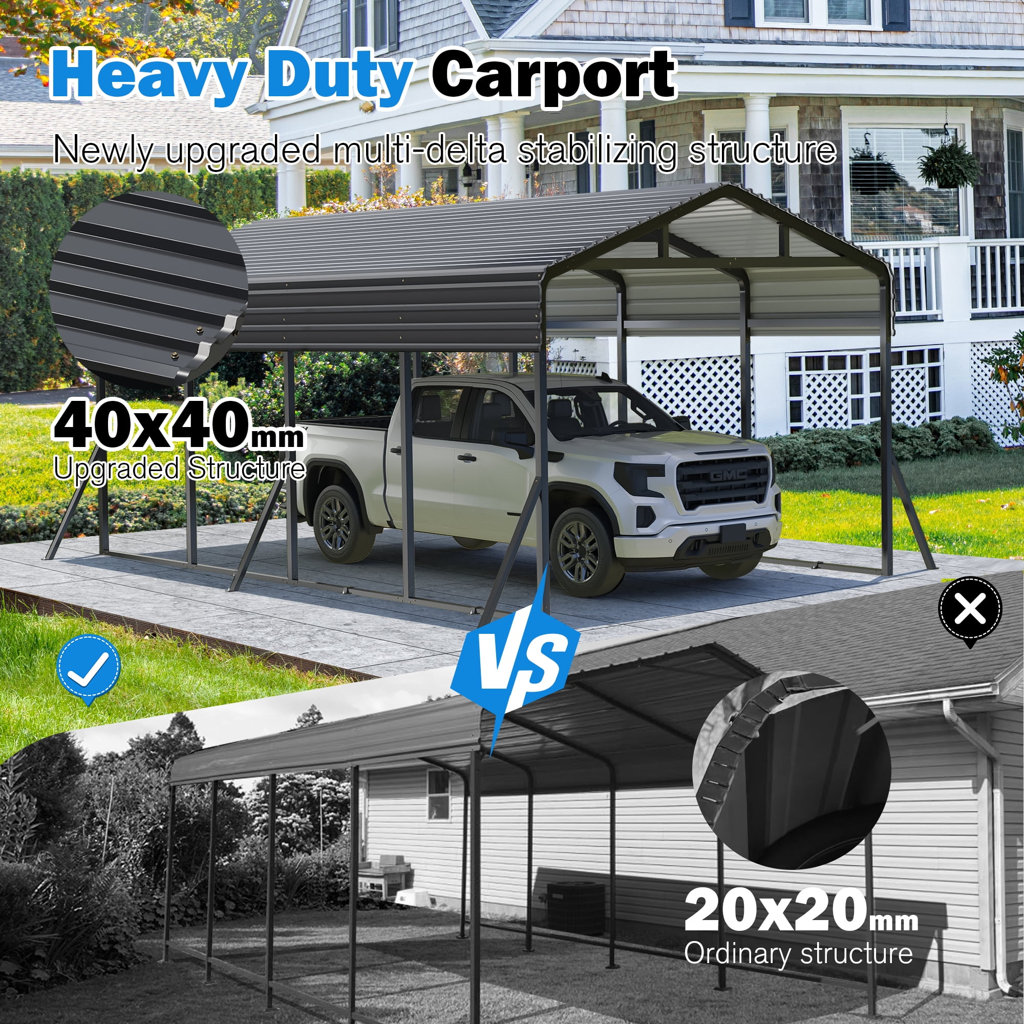 MUCHANT 12’X20’ Outdoor Heavy-Duty Carport Galvanized Steel Roof with Reinforced Stable Triangle Frame & Enhanced Base for Car, Pickup and Truck