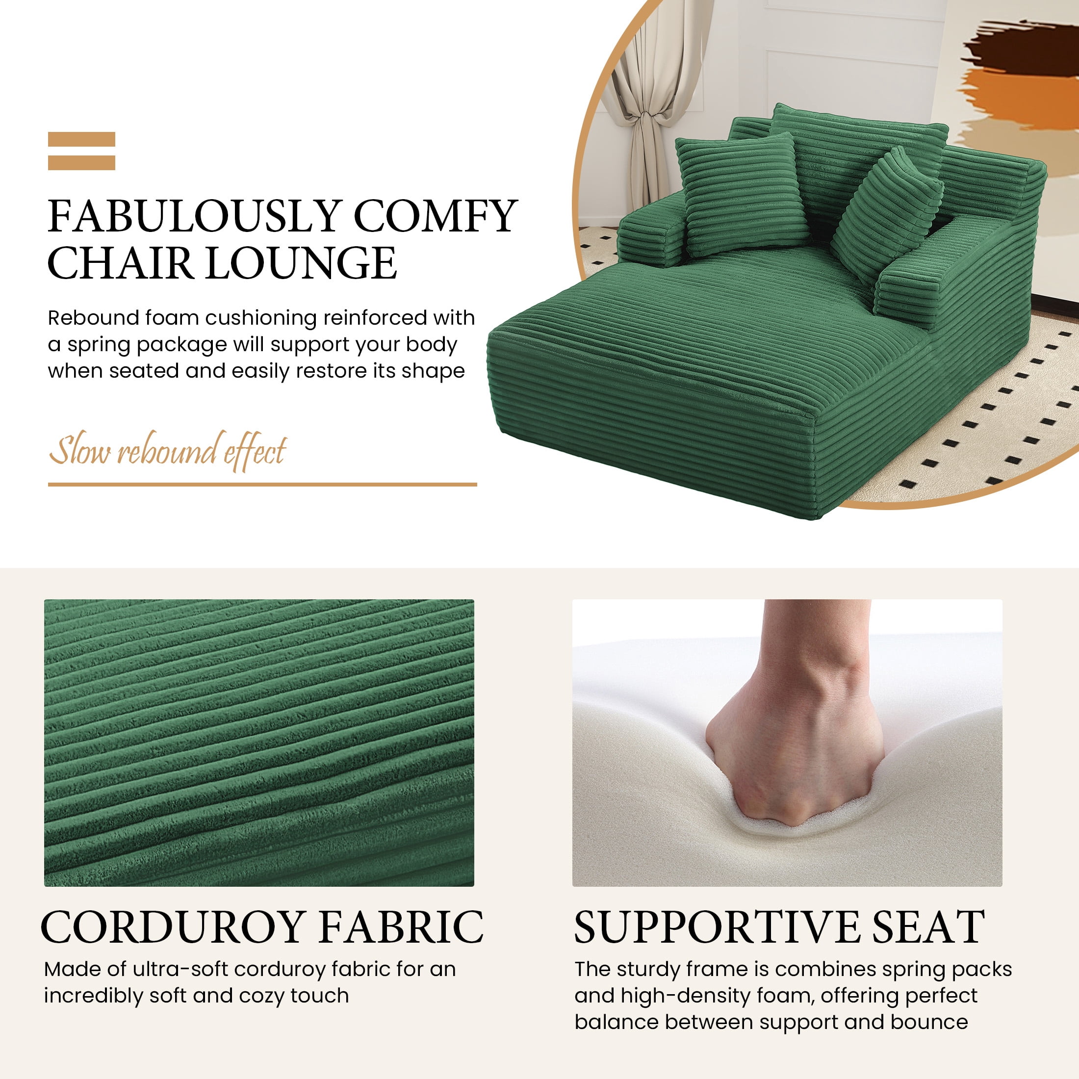 Aukfa 66" Oversized Chaise Lounge Chair, Corduroy Sleeper Sofa with 3 Pillow for Living Room,Green