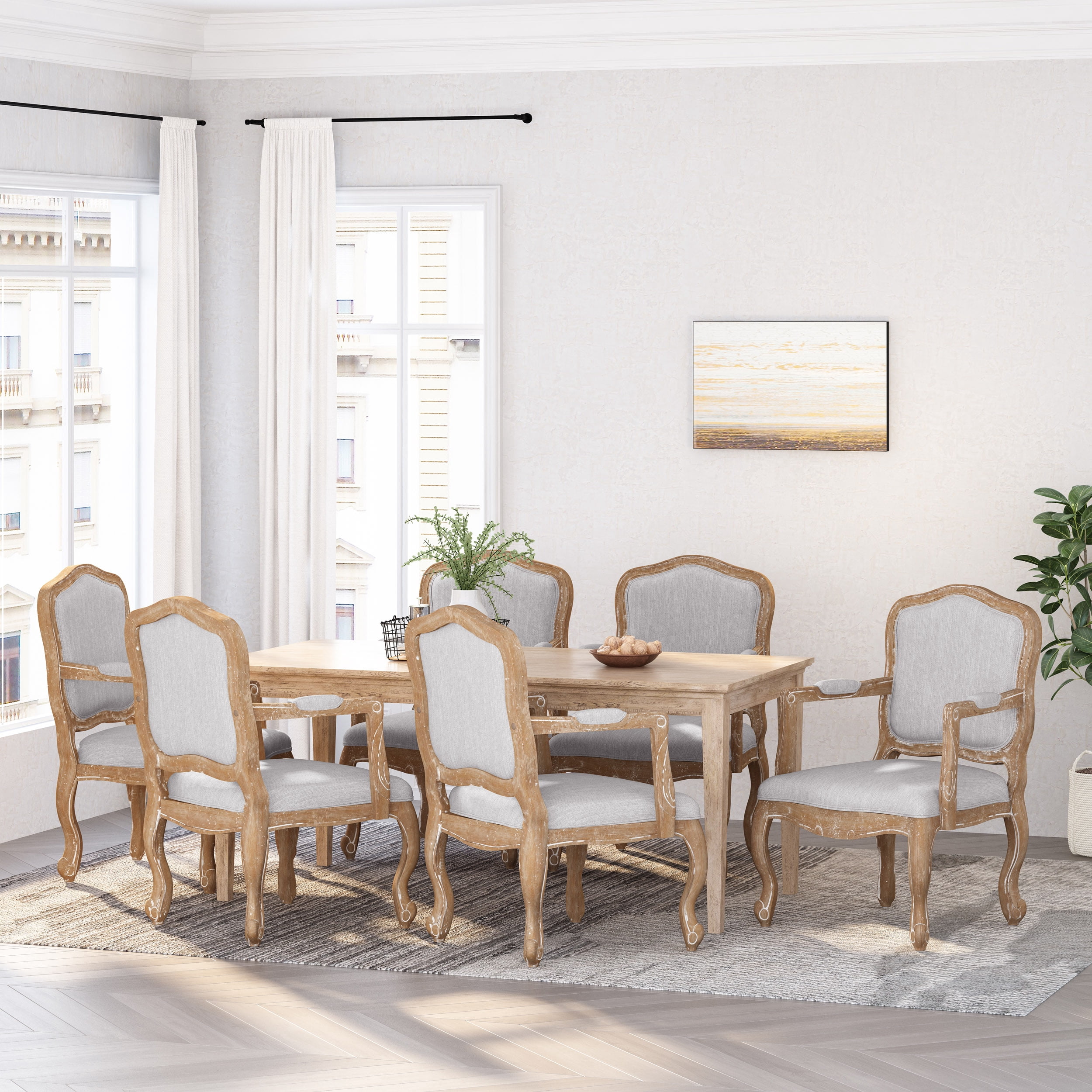 Noble House Joni Indoor French Fabric Dining Chair, Set of 6, Light Gray