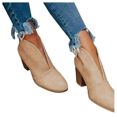 

Cathalem Fahsion Booties Leather Boots Women s Short Stacked Heel Boots Boots women s boots Womens Dress Boots Lace up Khaki 9