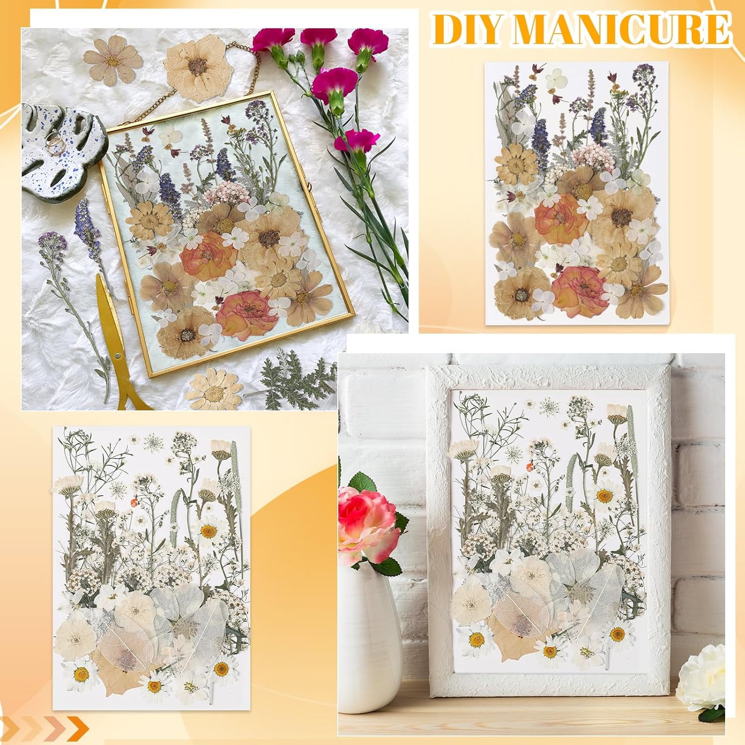 200 Pcs Pressed Flowers Bulk Dried Flower for Craft Resin Mold Bookmark Scrapbooking Nail Cake White Orange Natural Floral with Tweezer DIY Gift(Classic Color,Retro Style)