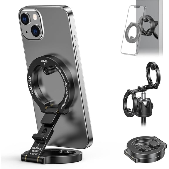 CAMOLO Dual Magnetic Phone Holder Compatiable with Magsafe iPhone 16 15 14 13 12 Pro Max Plus Series 1/4" Screw Tripod Mount Gym Magnetic Phone Stand Travel