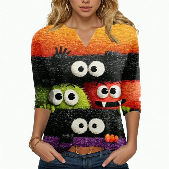 Godom Womens V-Neck T-Shirt Halloween Graphic Tees Tops 3/4 Long Sleeve Casual T Shirts