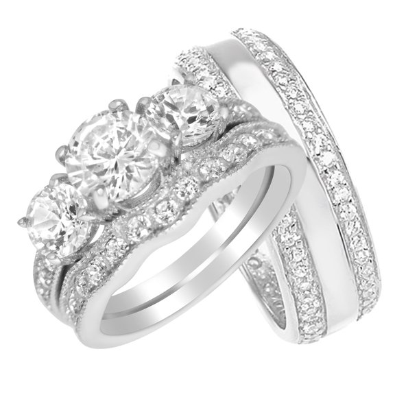 LaRaso & Co Wedding Ring Set His Hers Sterling Silver CZ Engagement TRIO Set Him Her 5/9