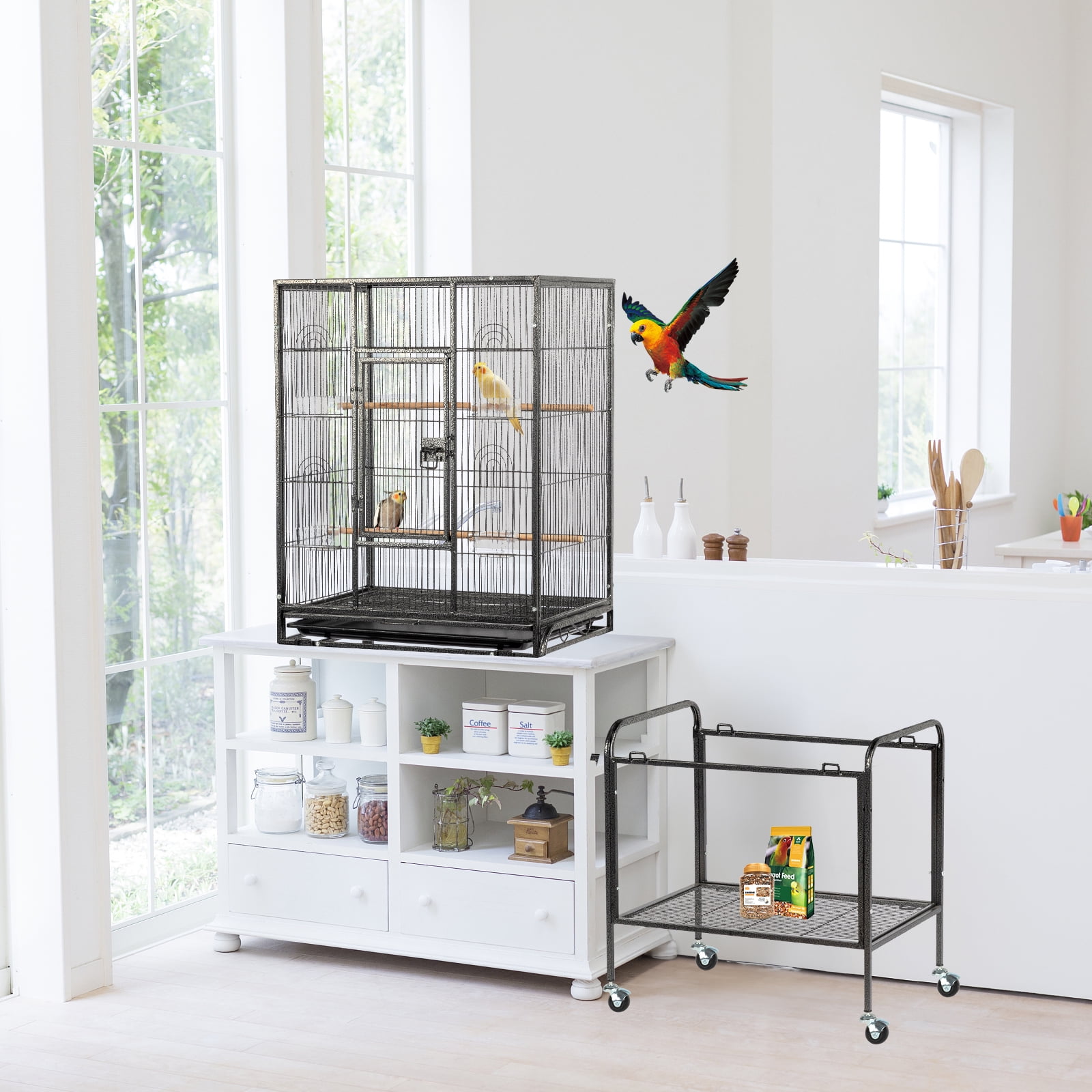 53in Large Flight Bird Cage with Rolling Stand & Storage Shelf for Parrots, Cockatiels, Lovebirds and Parakeets, Black Aviary Cage with Easy Clean Tray, Spacious Home for Small Medium Birds