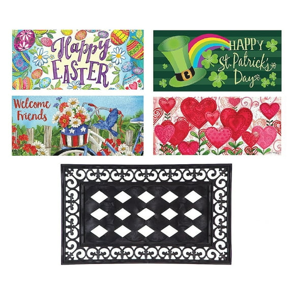 Evergreen Indoor Outdoor Doormat Bundle Set of 5 - Frame and 4 Holiday Seasonal Inserts Valentine's Day Easter 4th of July and St. Patricks
