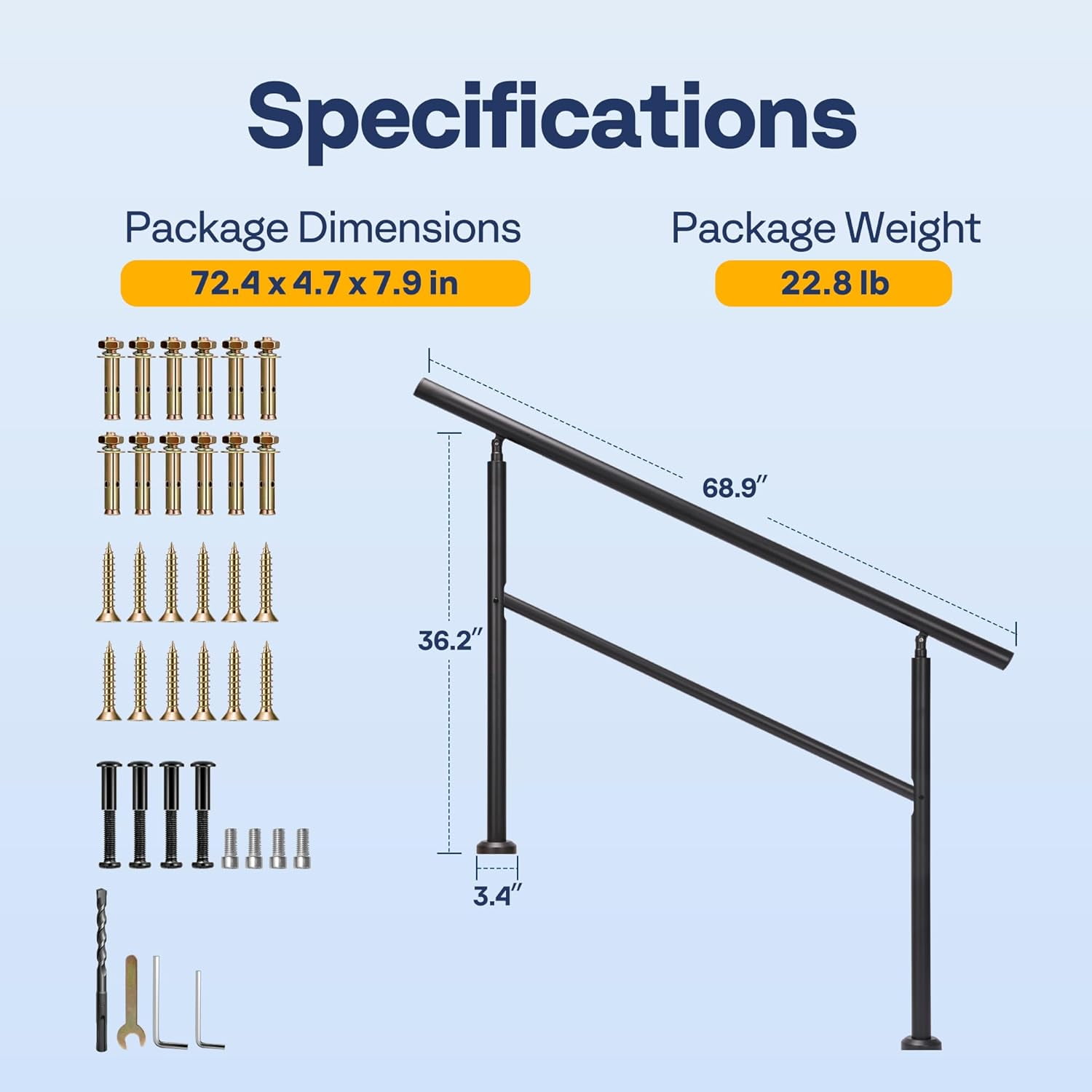 SPECSTAR 2-Pack Outdoor Handrails, 5-6 Steps Galvanized Steel Railing, Hand Railing for Porch, Deck, or Indoor Stairs, Black