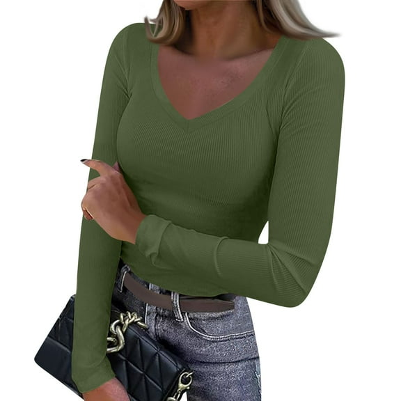 Womens Long Sleeve V Neck T-Shirts Ribbed Knit Casual Tee Tops Slim Fitted Basic Shirts