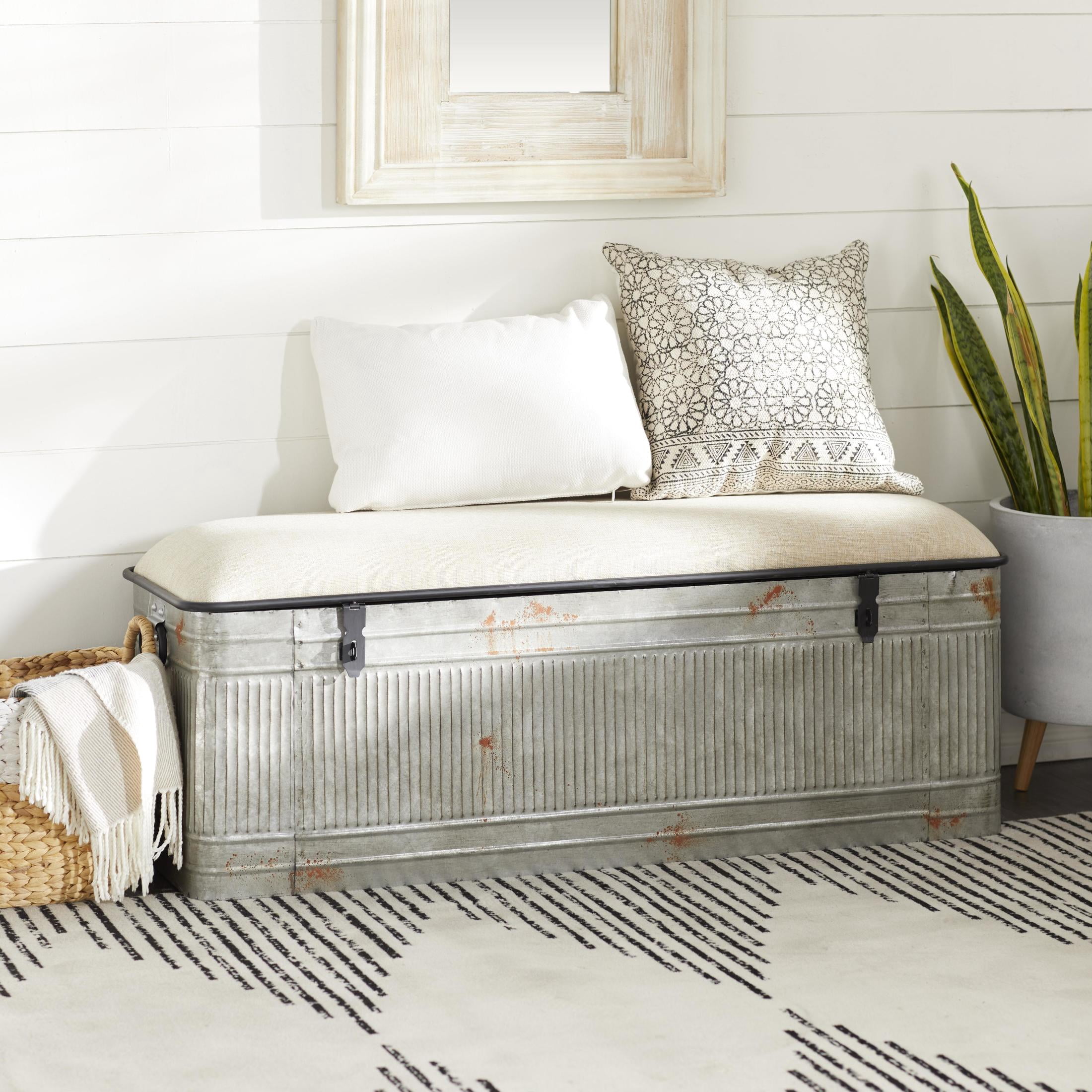 DecMode Metal Galvanized Storage Bench with Cream Burlap Top and Black Latches, Gray