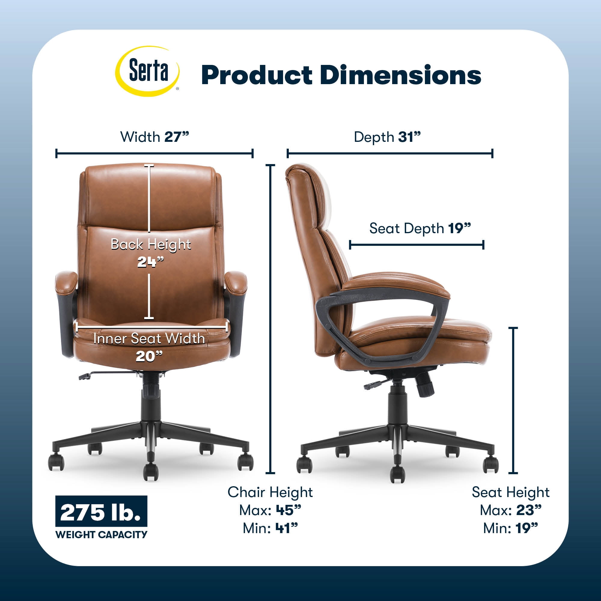 Serta Comfort Ergo Executive Office Chair, Ergonomic Mid-Back Design with Lumbar Support, Bonded Leather, Cognac