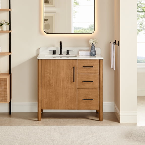 Velora 36" Wood Vanity in Mango Brown White Engineered Stone Top no Mirror
