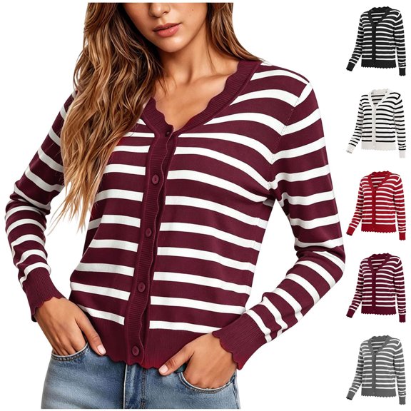HomeDM Striped Cardigan Sweater for Women Open Front V Neck Scalloped Long Sleeve Button Down Knit Tops