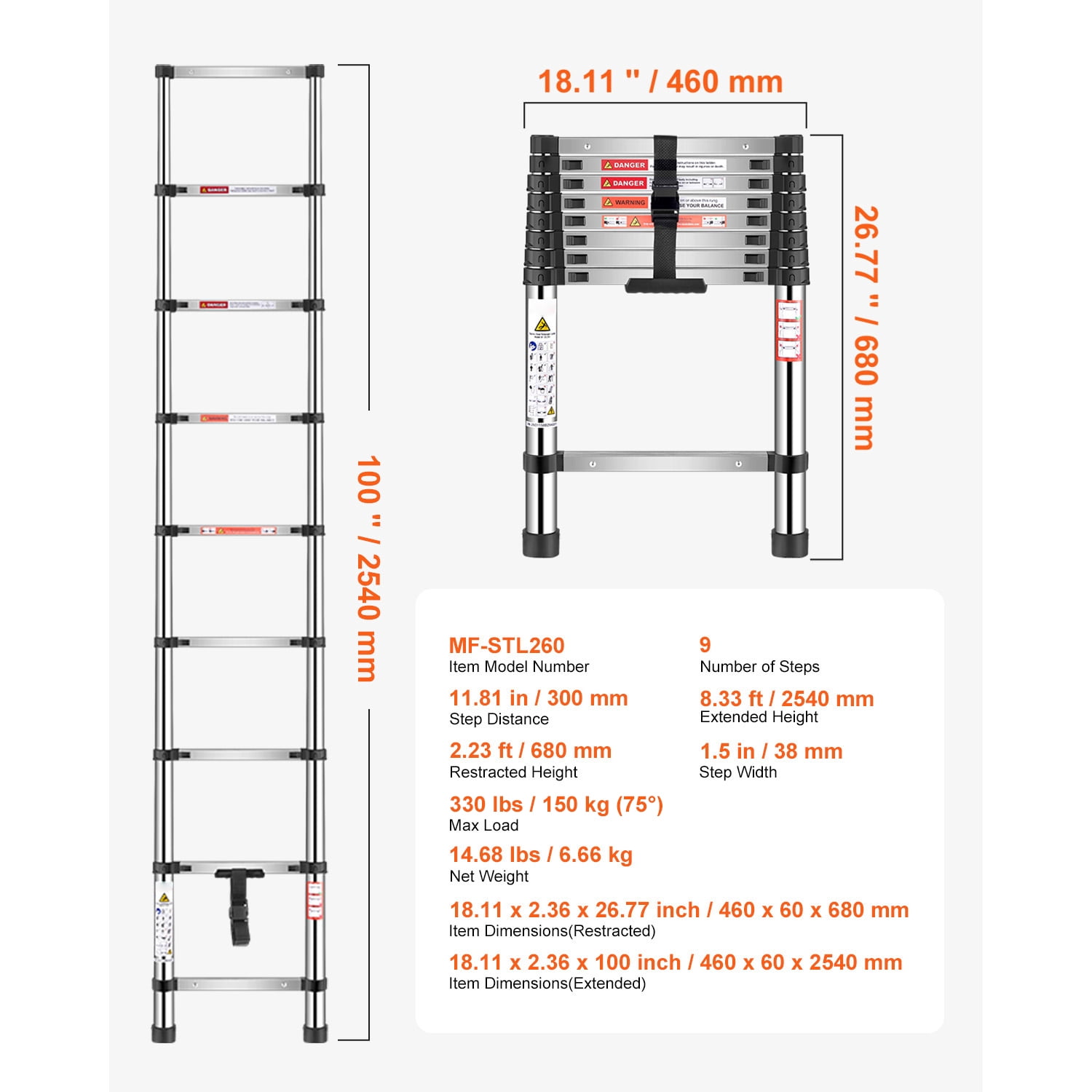 KFFKFF 8.5ft Telescoping Ladder, Stainless Steel Lightweight Extension Ladder with Multi-Button Retraction, 330LBS Load Capacity, Non-Slip Feet, Portable 9-Step Ladder for Home, RV, and Loft