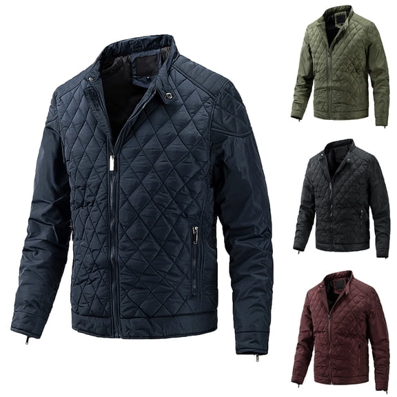 Hinvhai Men's Stand Collar Diamond Quilted Jacket Fall Winter Zip Up Bomber Military Coat Casual Warm Thicken Windbreaker Wine 6(M)