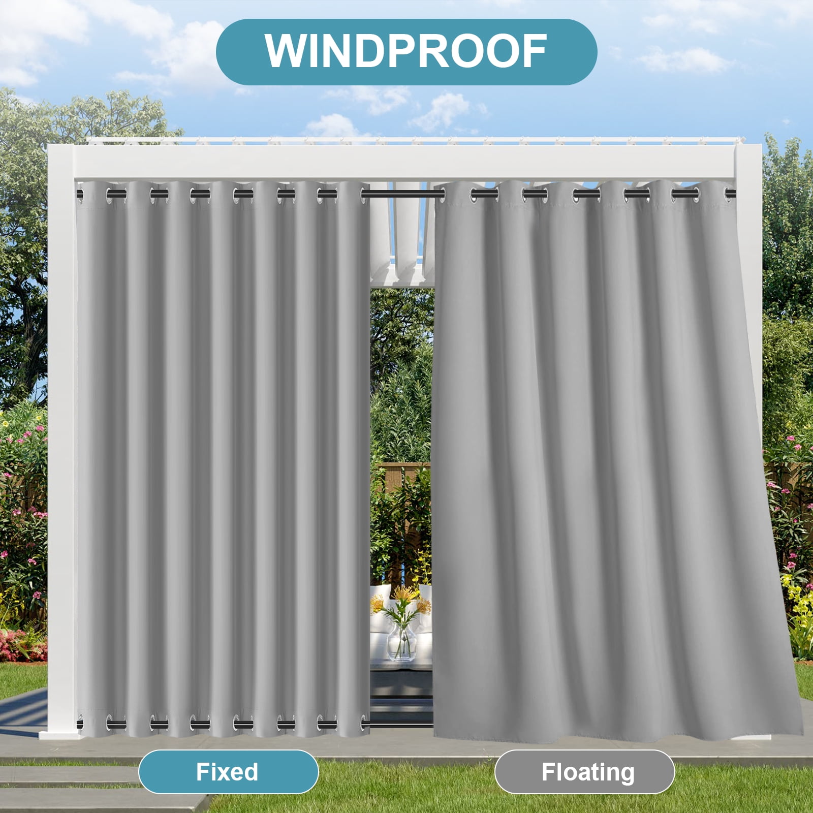 DONGPAI 100" Wide Outdoor Curtains for Patio Waterproof Blackout Privacy UV Resistant with Top and Bottom Grommet for Porch, Gazebo, Pergola, 100"x 84", Gray, 1 Panel