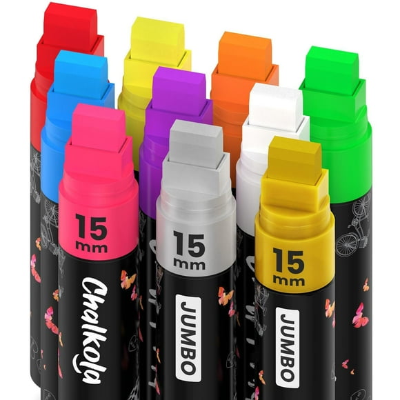 Chalkola Neon Car Window Markers - 10 Chalk Pens (with Gold, Silver) - 3 in 1 Nib, 15mm Jumbo Tip - Washable Liquid Chal
