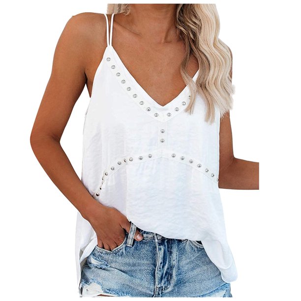 LSLJS Women Spaghetti Strap Tank Tops Ladies Adjustable Thin Shoulder Strap  Button Down Shirt V-Neck Rhinestone Top on Clearance 