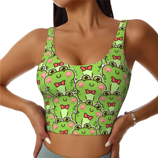 Balery Cute Green Frog Sujetadores deportivos con espalda cruzada para mujer, acolchados, sin costuras, de alto impacto, ideales para yoga, gimnasio, entrenamiento y fitness.-Medium