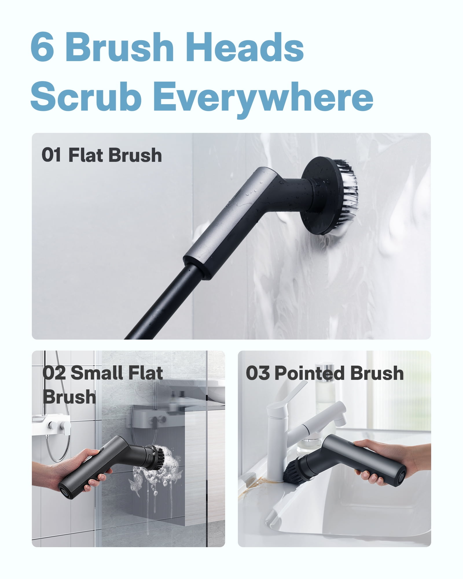 HOTO Cordless Electric Spin Scrubber, IPX7 Full Body Waterproof Long Handle Scrub Brush with 6 Brush Heads for Bathroom Tile Floor Shower