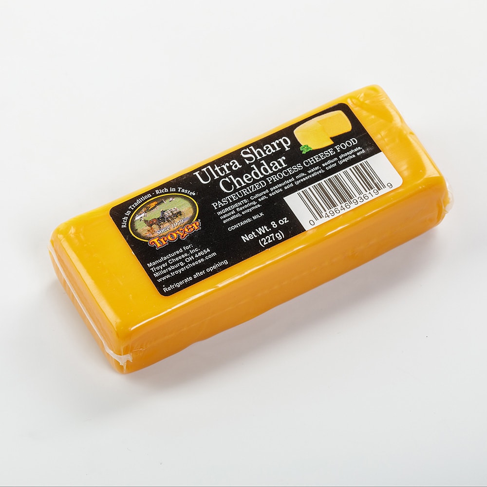 Troyer Ultra Sharp Cheddar Cheese, Pasteurized Cheese Food 8 oz Block, Pack of 2