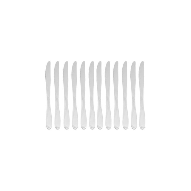 moven cuchillos acero inoxidable 12 piezas gamma Conjunto de 12 cuchillos de mesa Möven Gamma en acero inoxidable plateado, alineados de frente sobre fondo blanco; hojas con filo dentado, mangos sólidos con brillo de séxtuple maquinado y silueta recta ligeramente curva, diseñados para servicio de mesa en hogar, restaurantes y catering; también son adecuados para cenas formales.