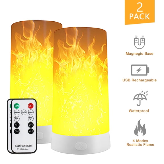 USB Rechargeable LED Flame Light, 2 Pack Waterproof Fake Fire Lamp with Remote Control & Timer, 4 Modes Dimmable Candle Light for Halloween Patio Bedroom Decor