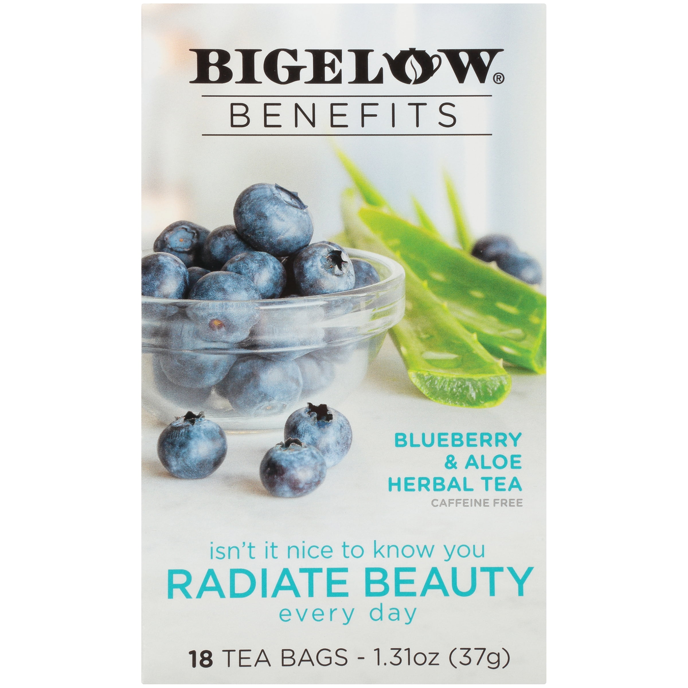Bigelow Benefits Herbal Tea, Radiate Beauty Blueberry & Aloe, Tea Bags, 18 Count
