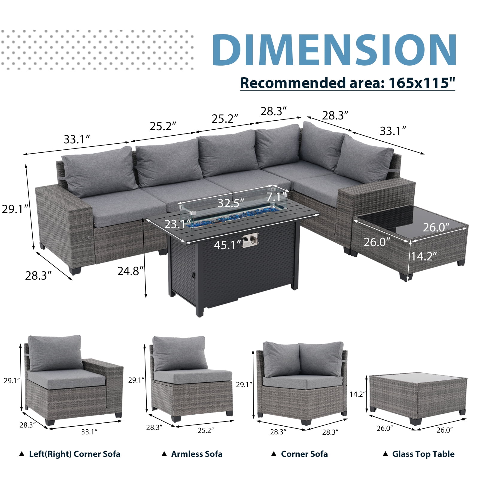 JOIVI 7-Piece Patio Furniture Set with 45" Fire Pit Table, Rattan Outdoor Conversation Set with 50,000 BTU Gas Fire Pit and Coffee Table, Wicker Sectional Sofa Set with Wide Armrest, Gray
