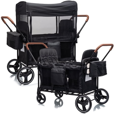 Stroller Wagon, 4-Seater Push Pull Wagon with Removable Seats, 5-Point Harnesses, Adjustable Canopy, Mosquito Net, Snack Tray, for Travel Camping