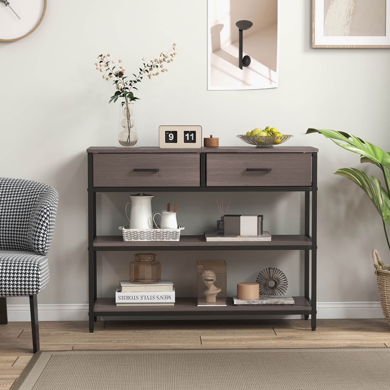 Costway Console Entryway Table Sofa Side Table with Folding Fabric Drawers for Living Room Gray
