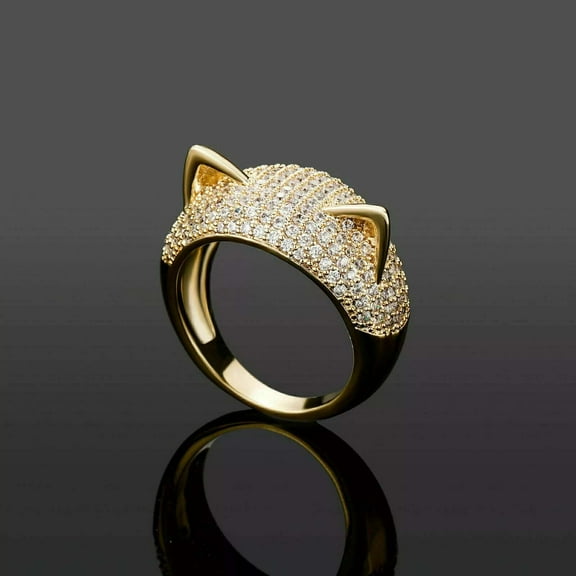 1CT Simulated Diamond 925 Silver Cat Shape Engagement Wedding Ring 14k Yellow Gold Plated