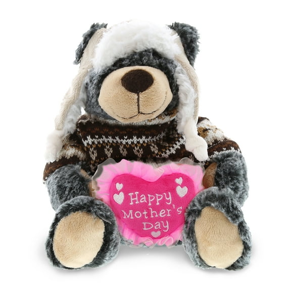 DolliBu Happy Mother's Day Super Soft Plush Black Bear With Clothes - Cute Stuffed Animal with Pink Heart Message for Best Mommy, Grandma, Wife, Daughter - Cute Wild Life Plush Toy Gift - 9" Inches