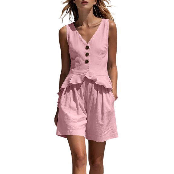 Women's Cotton Linen 2 Piece Outfits Sleeveless Ruffle Waist V Neck Button Top Casual Shorts Set with Pockets