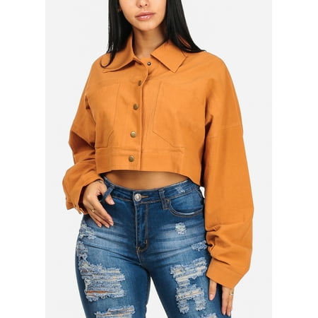 2 Pocket Crop - Womens Juniors Cotton Long Sleeve Button Up Camel Crop Top W 2 Front Pockets 41478P