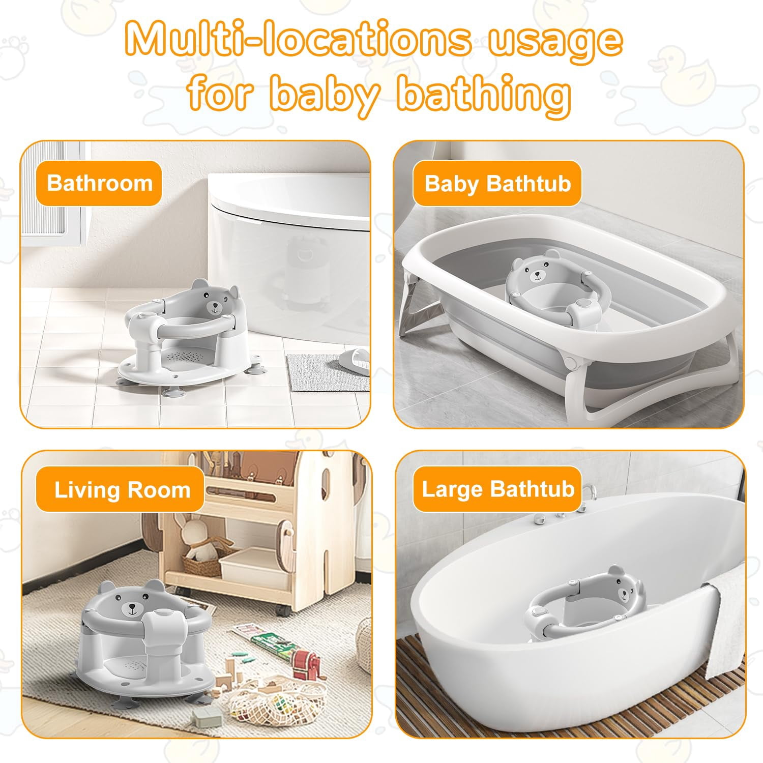 Soluxeo Baby Bath Seat for Babies 6 Months & up, Non-Slip Toddler Bath Seats for Babies Sitting Up with 4 Suction Cups & Soft Cushion for Shower(Gray)