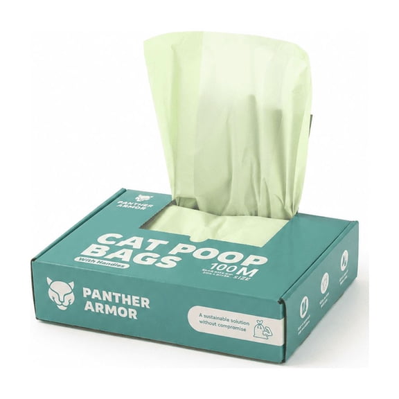 Panther Armor Cat Litter Bags with Handles - 100 Compostable Litter Bags for Cat Poop, Leak-Proof Unscented Cat Waste Bags, Easy-Tie Handles for Mess-Free Litter Box Disposal, 13x7.5in Dispenser Box