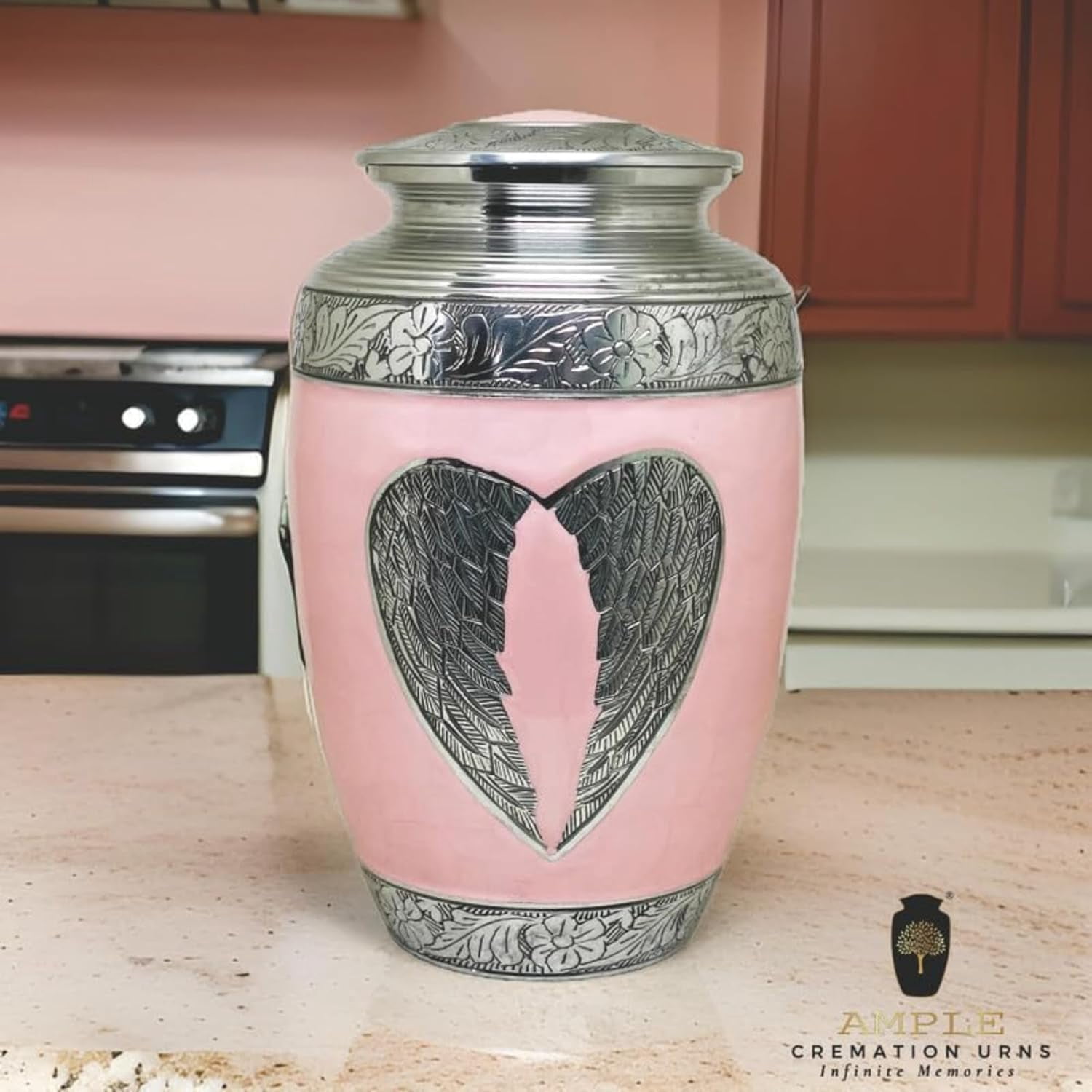 Pink Cremation Urn with Silver Wing Detail, 11x7 inches - Ample Size for Human Ashes