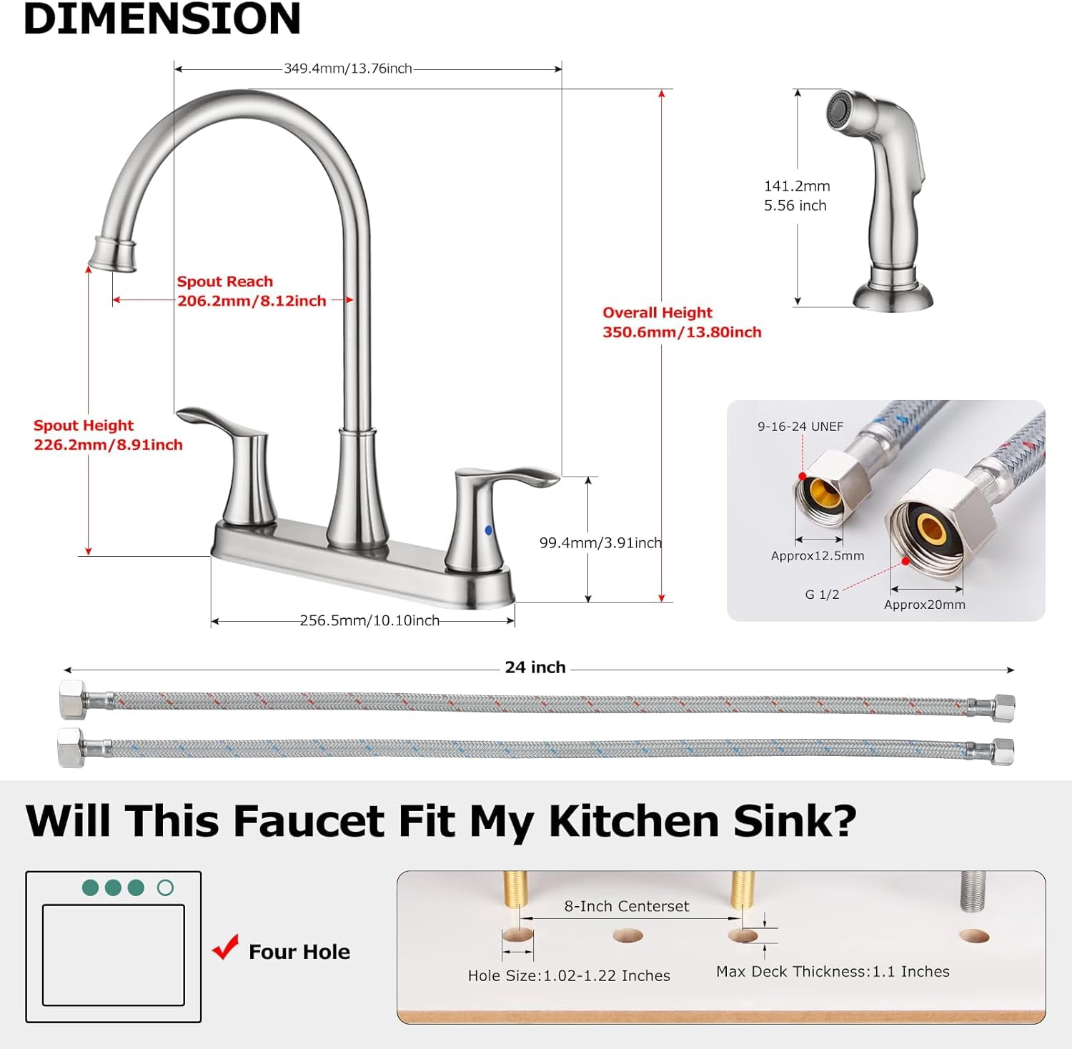 PARLOS 8-Inch High Arch Two-Handle Kitchen Sink Faucet with Side Sprayer and Supply Lines, Brushed Nickel