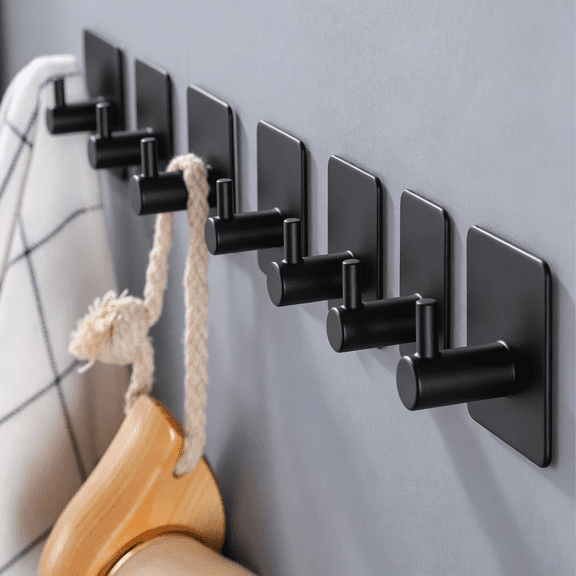 8 Pack Matte Black Self Adhesive Towel Hooks for Bathroom Wall Door Mounted - Stainless Steel Stick on Wall Hooks for Hanging Coat, Hat, Bag, Key, Jacket