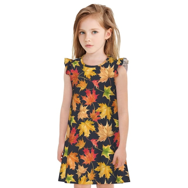 Vsdgher Chemises de Nuit Feuilles d'Érable Colorées pour Filles Manches Courtes à Volants Robe de Nuit Pyjama pour Fête Pyjama-Moyen