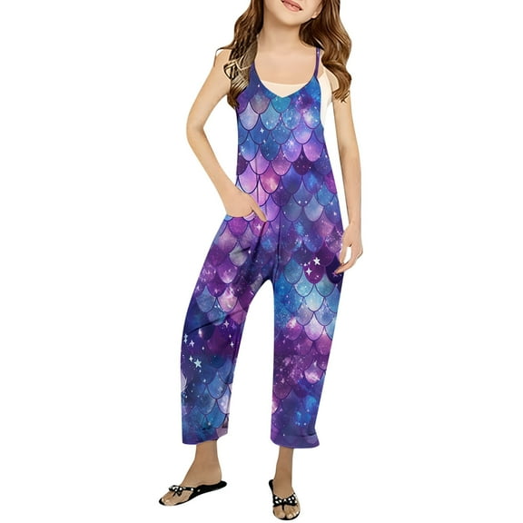 SNKSDGM Pants for Girls 10-12 Girls' Fish Scale Printed Casual V Strap Romper Solid Color Loose Casual Romper with Pocket 9-10Years