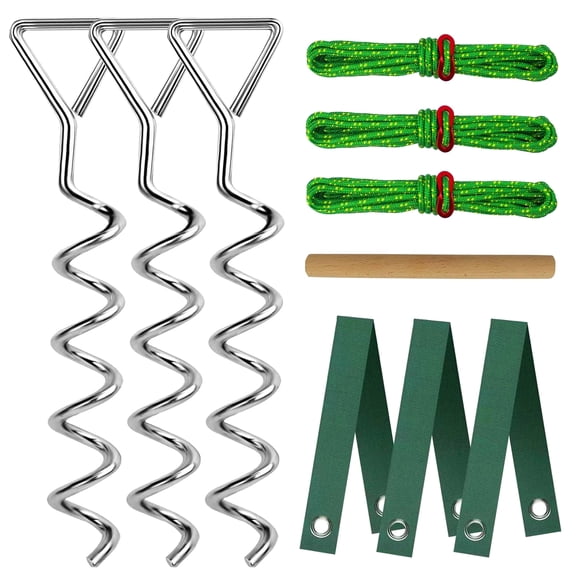 VOROLAK 15.8" Tree Stakes and Supports for Leaning Trees, Spiral Tree Stake Kit, Include 3 PCS Heavy Duty Iron Tree Stake with 3 PCS Trees Straps & 3 PCS 13 FT Rope & 1 Wood Stick Against Bad Weather