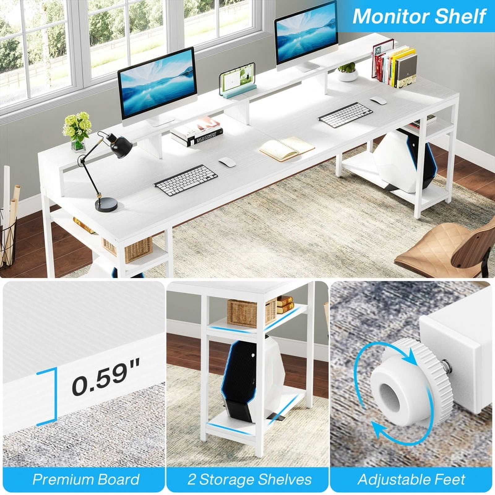 Tribesigns 78.74" Two Person Desk with Monitor Stand, Long Double Computer Desk with Storage Shelves for Home Office, White