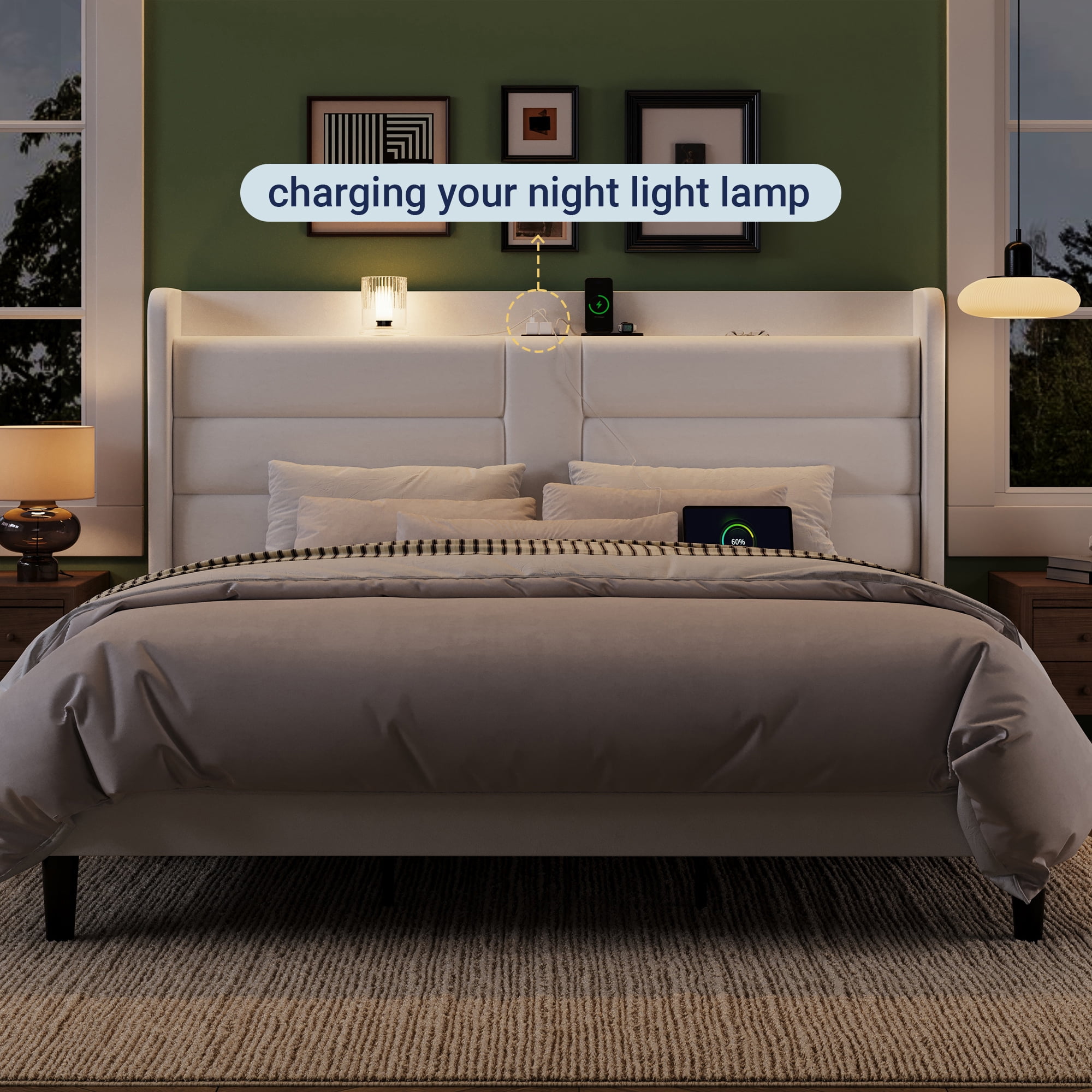 Allewie King Size Bed Frame with Charging Station, Upholstered Velvet Wingback Design & USB Port, No Box Spring Needed, White