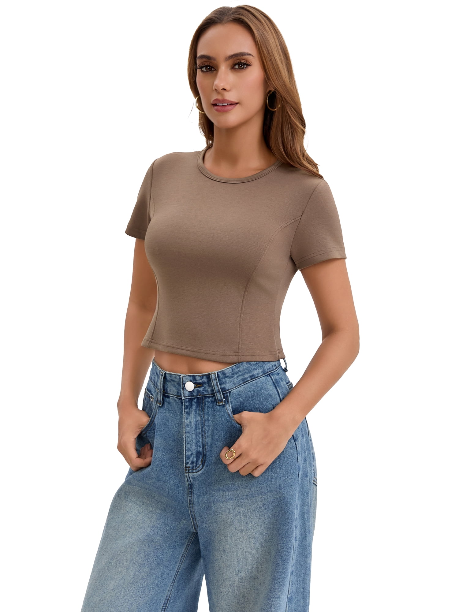 DARING DIVA Women's Cropped Basic Tees with Short Sleeves and Crewneck XL Brown