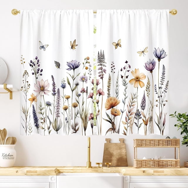 Vintage Retro Floral Wildflower Kitchen Curtains 27.5W X 39L Inch 2 Panel Rustic Flower Vintage Spring Butterfly Leaves Small Short Cafe Tier Country Window Treatment Drape Bathroom Home Decor