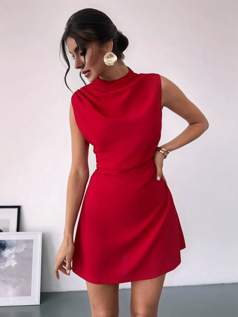 Women'S Mini Dress Ruched Mock Neck Sleeveless A Line Party Summer Dresses Red M