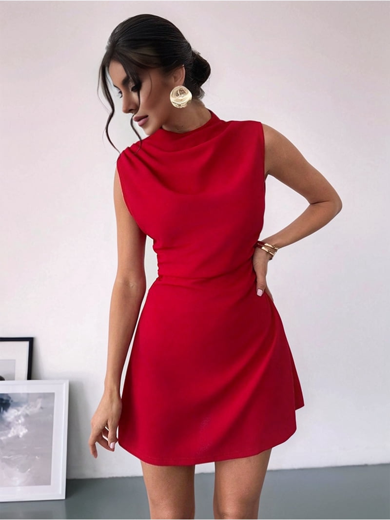 mock neck dress mini Burgundy Knit - Casual Dresses Measurements taken from size S The White Mock Neck Tie-Back