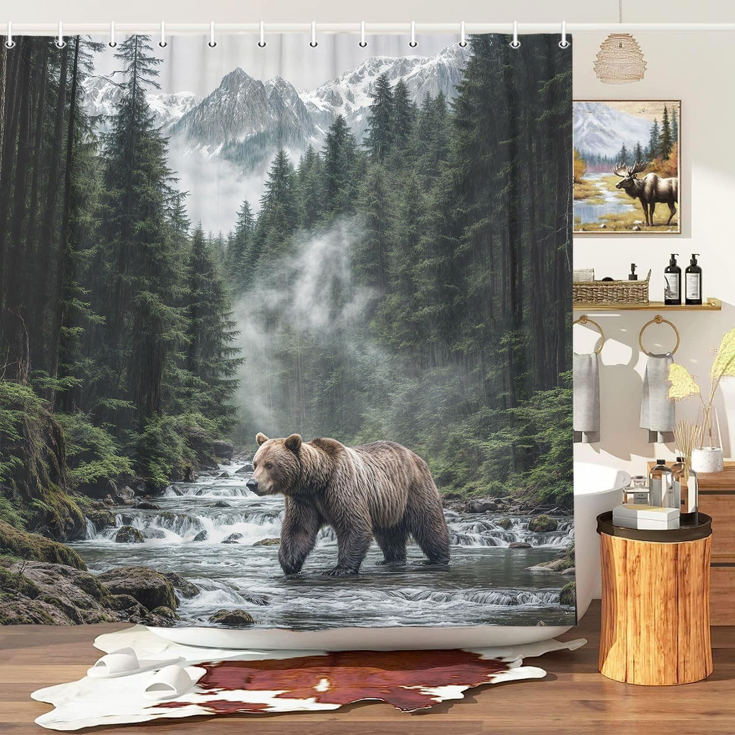 Wathon Mountain Creek Shower Curtain with Bear, Rustic Nature Landscape Woodland Wildlife Bath Curtain Country Forest Natural Scenery Outdoors Adventure Explore Bathroom Decor Set with Hooks 70X75IN