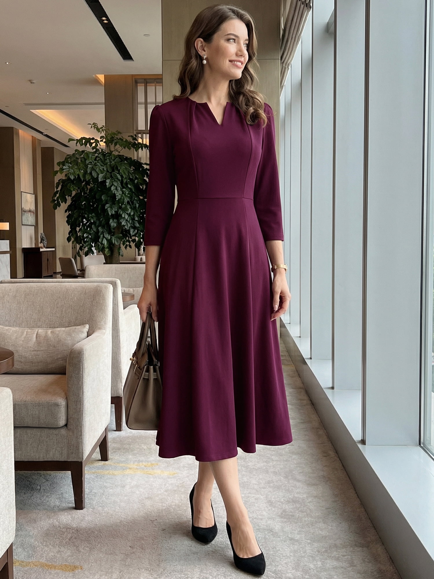 DARING DIVA Women's 3/4 Sleeve V Neck A-Line Midi Dress with Pockets S Deep Purple